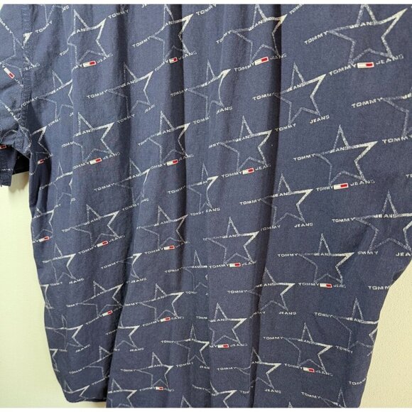 Tommy Hilfiger Mens Y2K Navy Blue Logo Casual Button Up Short Sleeve Shirt Large - Picture 7 of 9